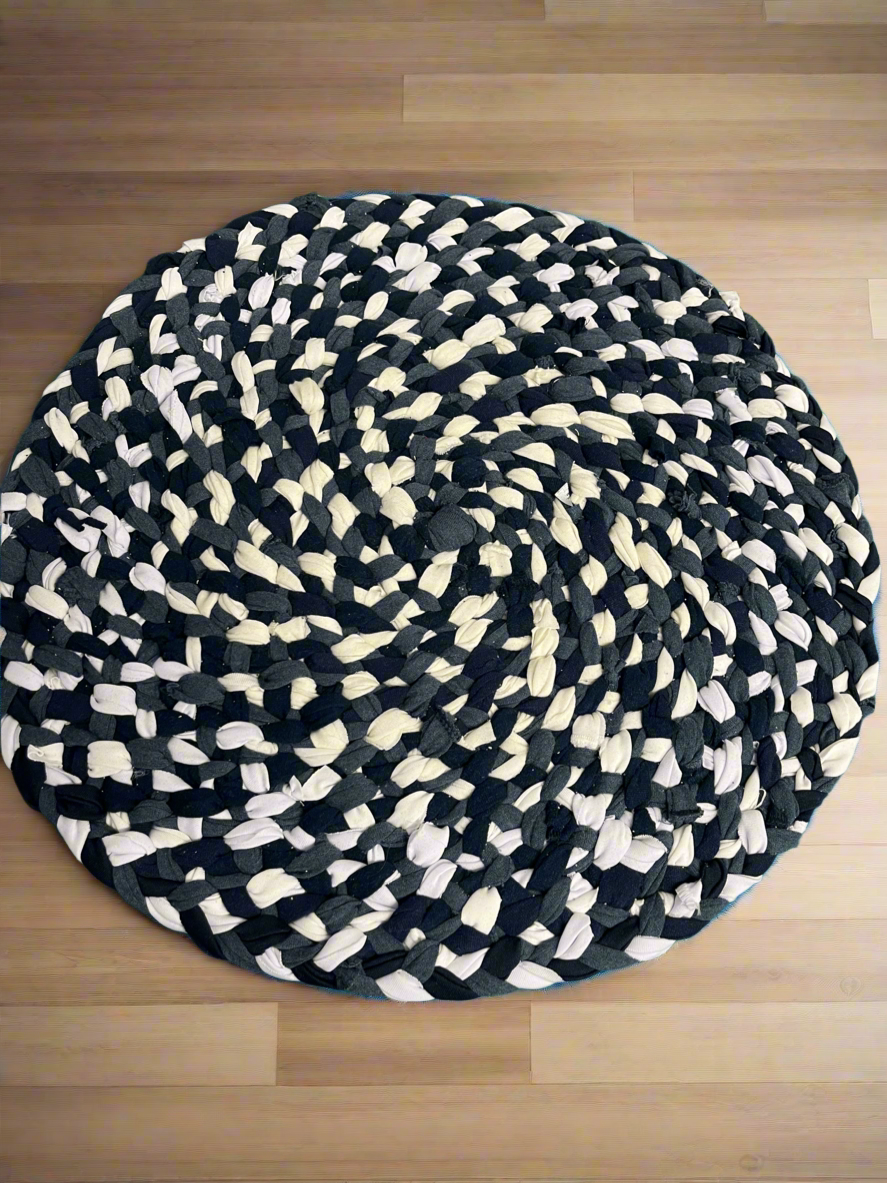 Up Cycled T-shirt Rug in Navy Blues and White