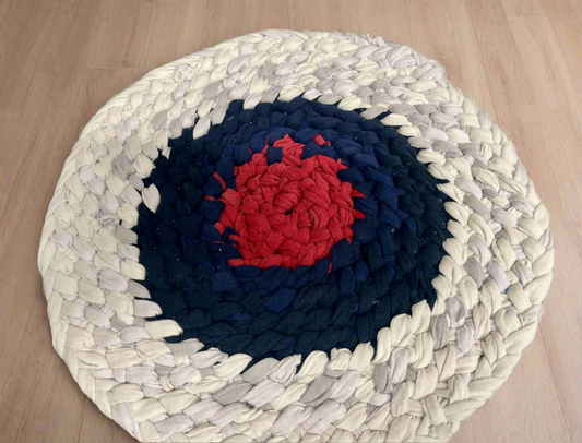 Up Cycled T-shirt Rug in Red, Navy, and White/Gray