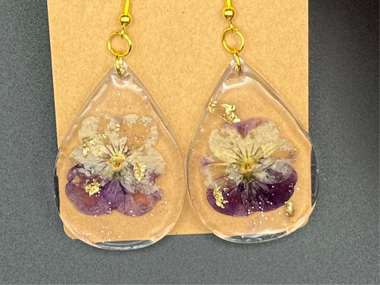 Pressed Pansies & Gold Flake Resin Earrings