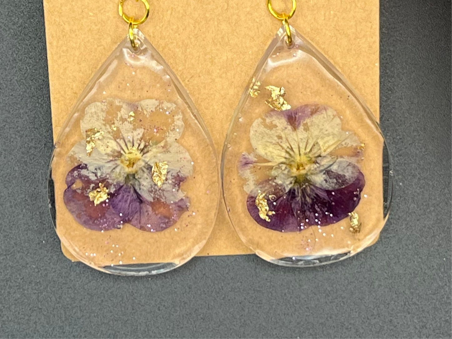 Pressed Pansies & Gold Flake Resin Earrings